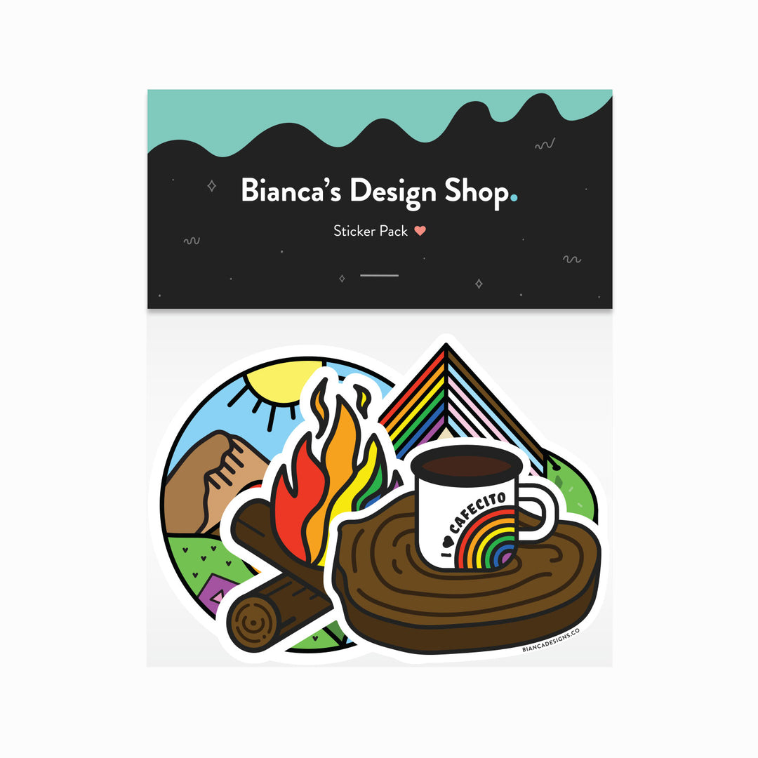 Campy Vibes Sticker Pack featuring the Rainbow Mountain, Rainbow Campfire, Cafecito Mug and Inclusive Camping Tent Stickers. Made by Bianca Designs.