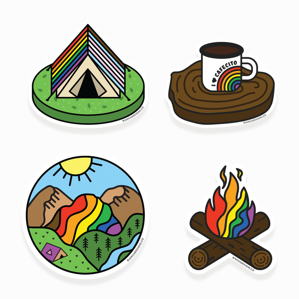 Campy Vibes Sticker Pack featuring the Rainbow Mountain, Rainbow Campfire, Cafecito Mug and Inclusive Camping Tent Stickers. Made by Bianca Designs.