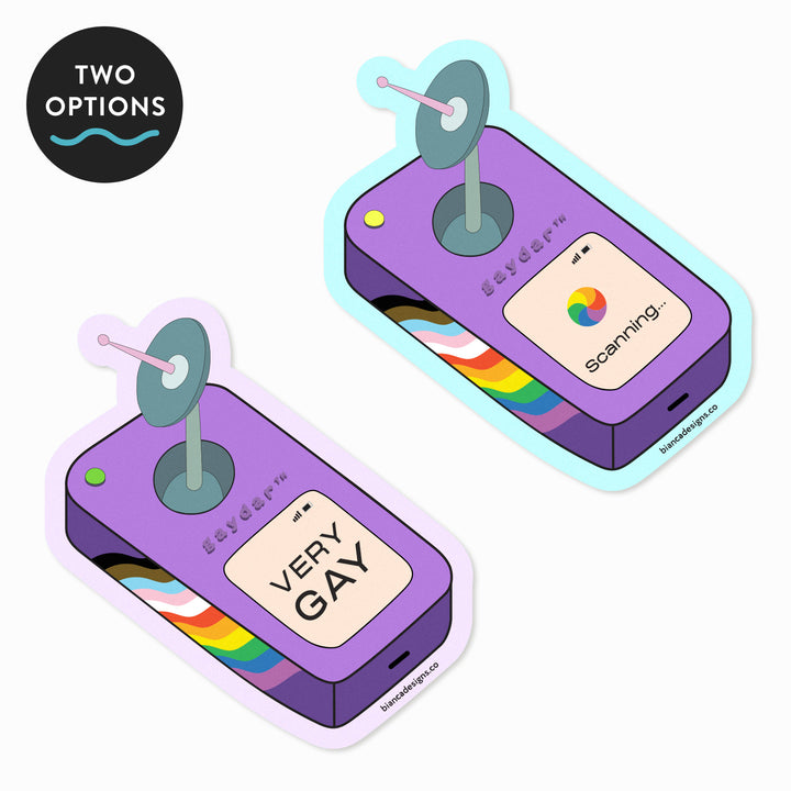 Two options of Gaydar Scanner Stickers by Bianca Designs. One scanning and the other with Very Gay results