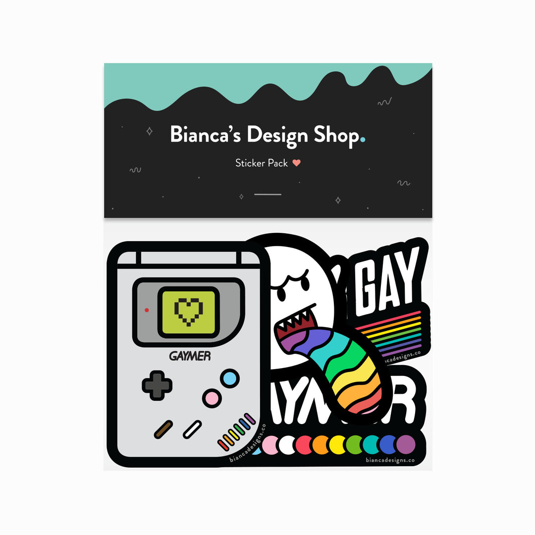 Gaymer Sticker Pack featuring the Gaymer Console, Super Gay, Gaymer Logo and Gay Boo Stickers. Made by Bianca Designs.