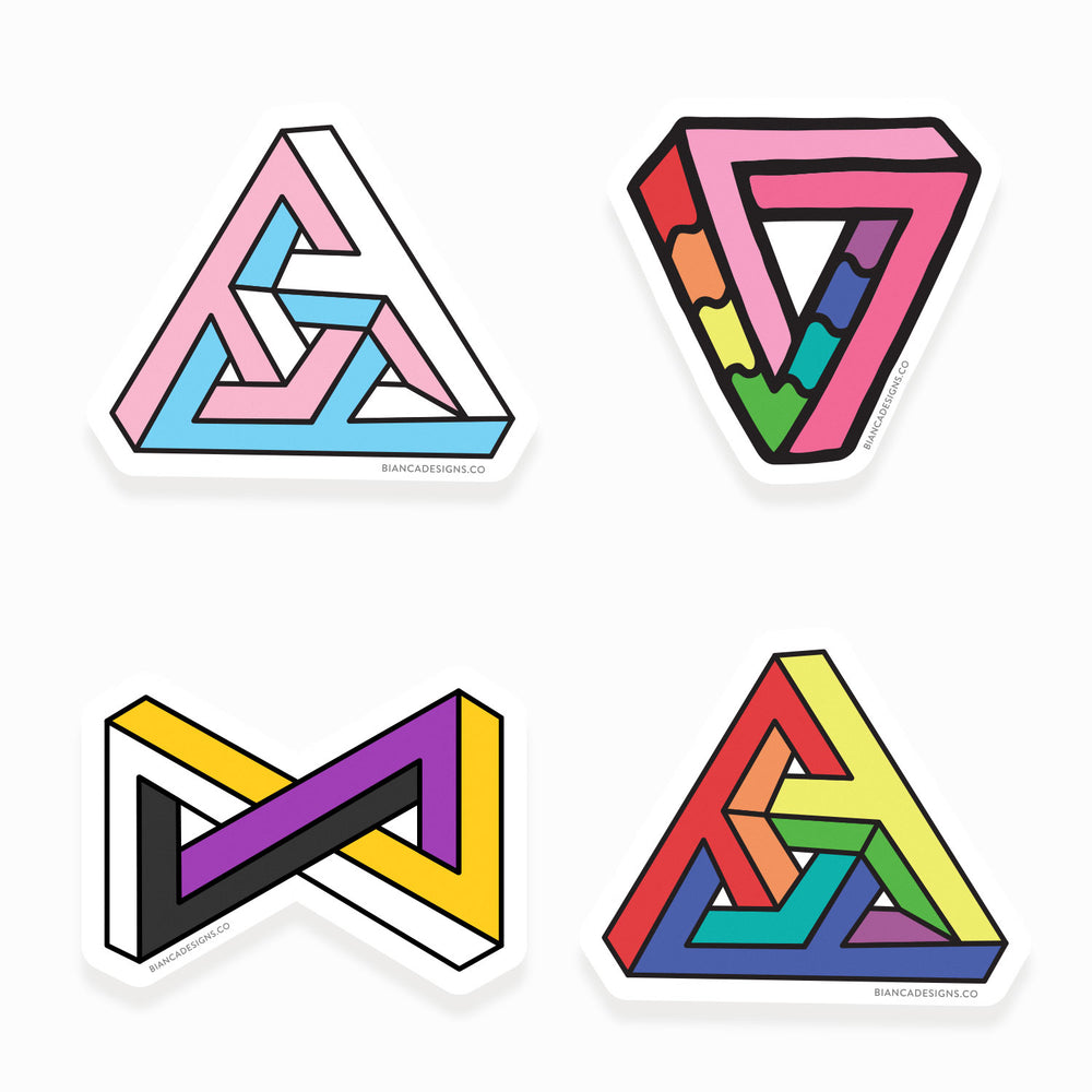 Impossibly Gay Sticker Pack featuring four impossible triangles with the LGBTQ+, Trans, and Non-binary flags on each. Made by Bianca Designs.
