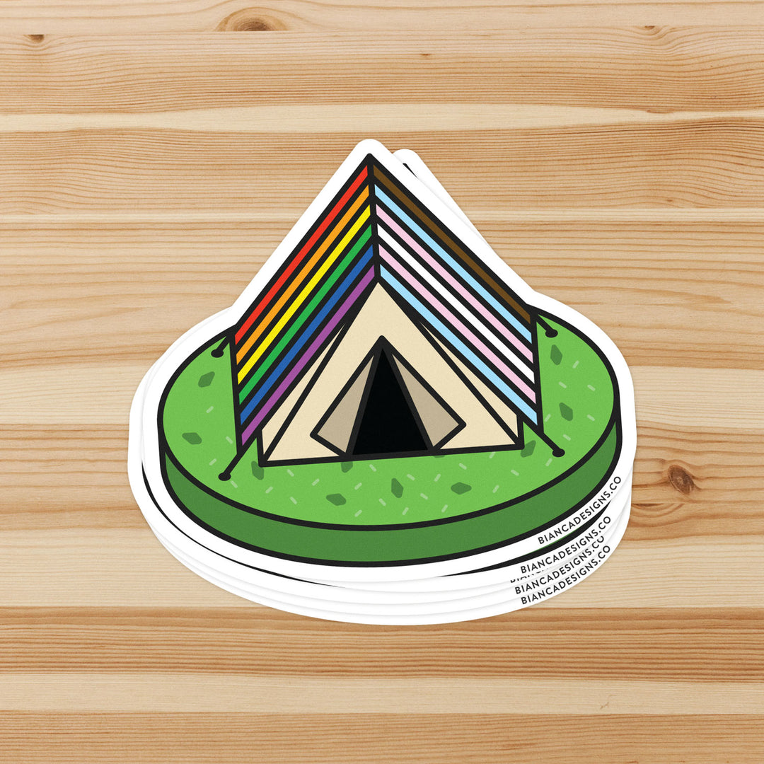 Stack of Inclusive Camping Tent Pride Stickers by Bianca Designs