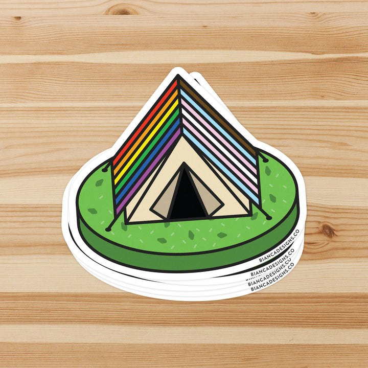 Stack of Inclusive Camping Tent Pride Stickers by Bianca Designs