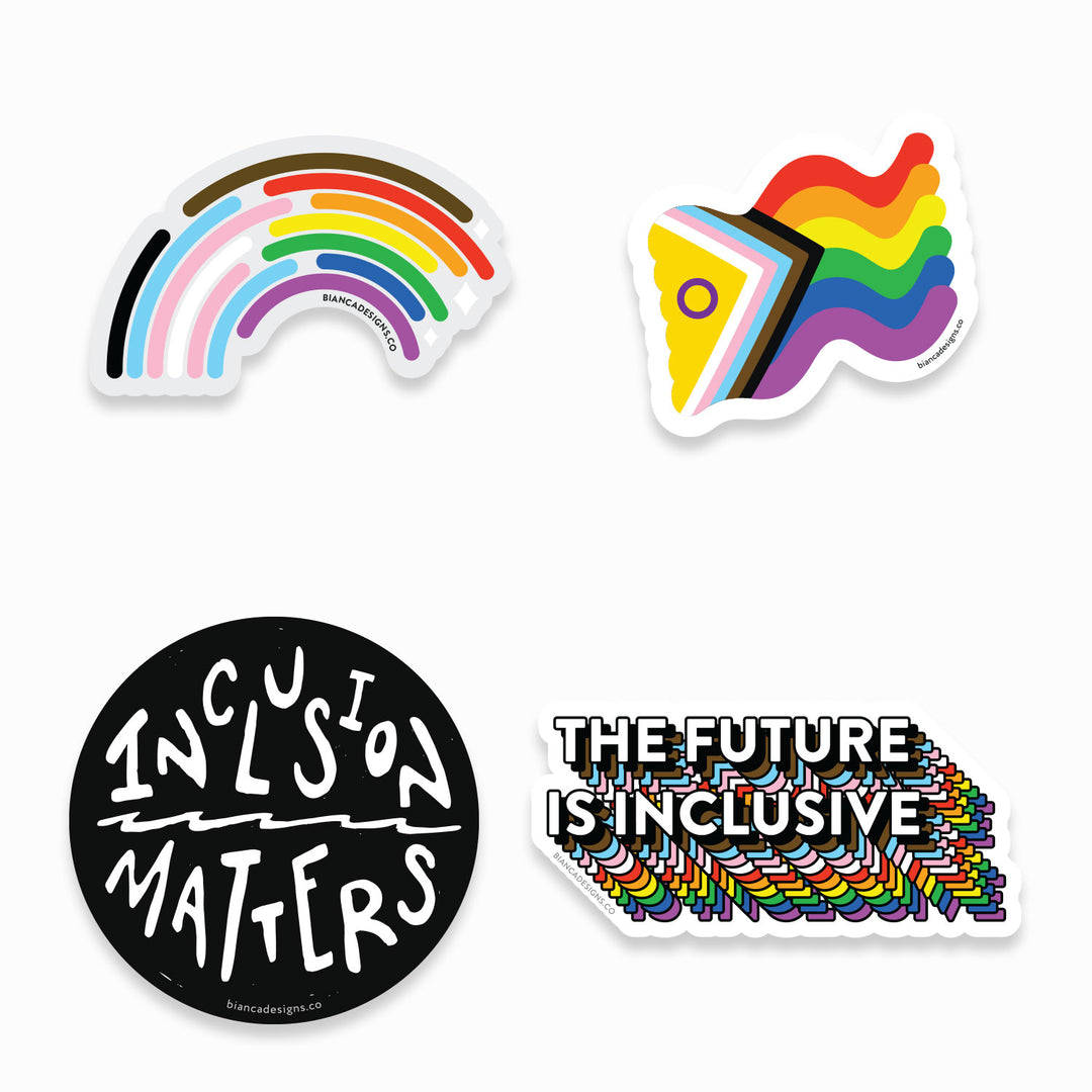 A sticker pack featuring the Inclusive Rainbow, Intersex-Inclusive Squiggly Pride, The Future Is Inclusive, and Inclusion Matters Stickers. Made by Bianca Designs.