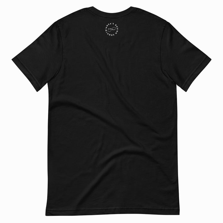 Back of Queerie and Eerie T-shirt by Bianca Designs. The back has a small logo on the top center that says "Bianca's Design Shop Ad Infinitum".