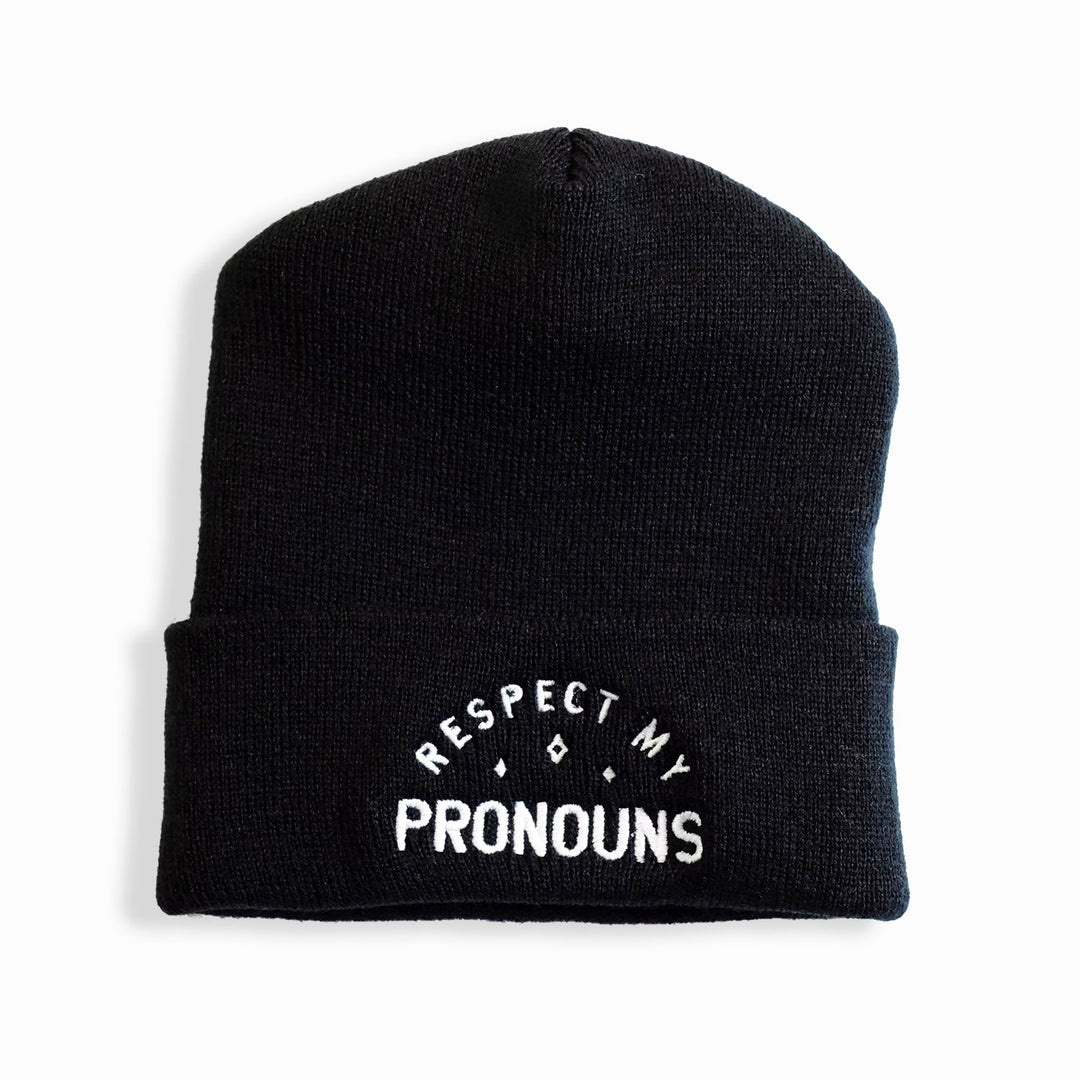 Respect My Pronouns Beanie, in Black, by Bianca Designs.