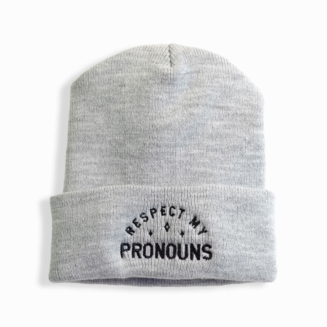 Respect My Pronouns Beanie, in Heather Grey, by Bianca Designs.