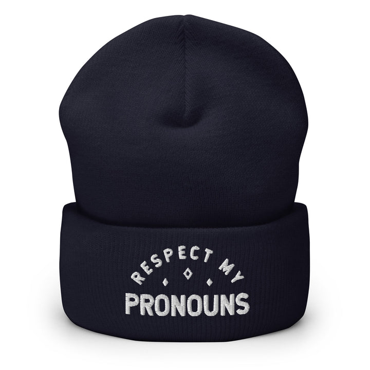 Respect My Pronouns Beanie, in Navy, by Bianca Designs.