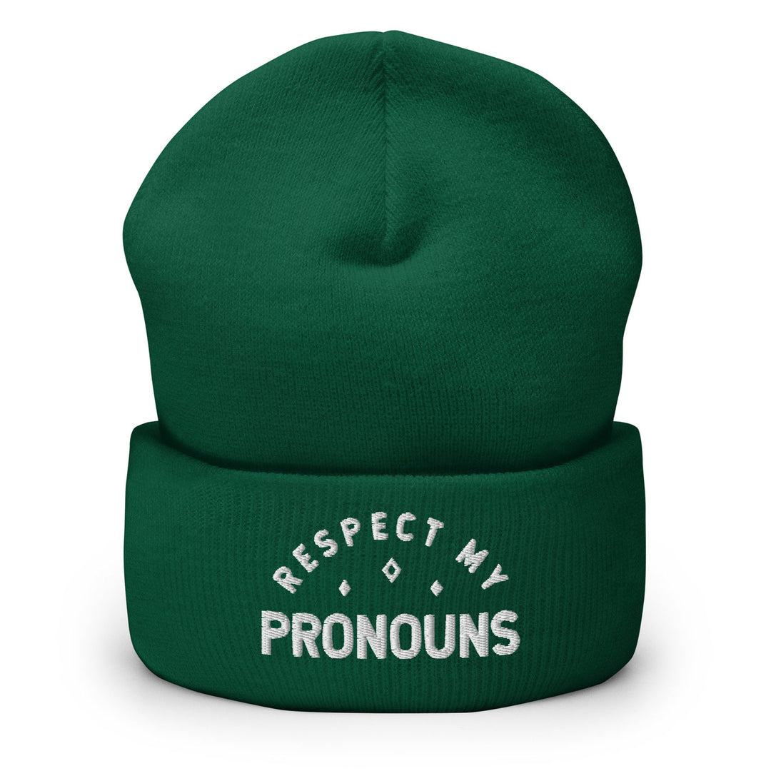 Respect My Pronouns Beanie, in Spruce, by Bianca Designs.