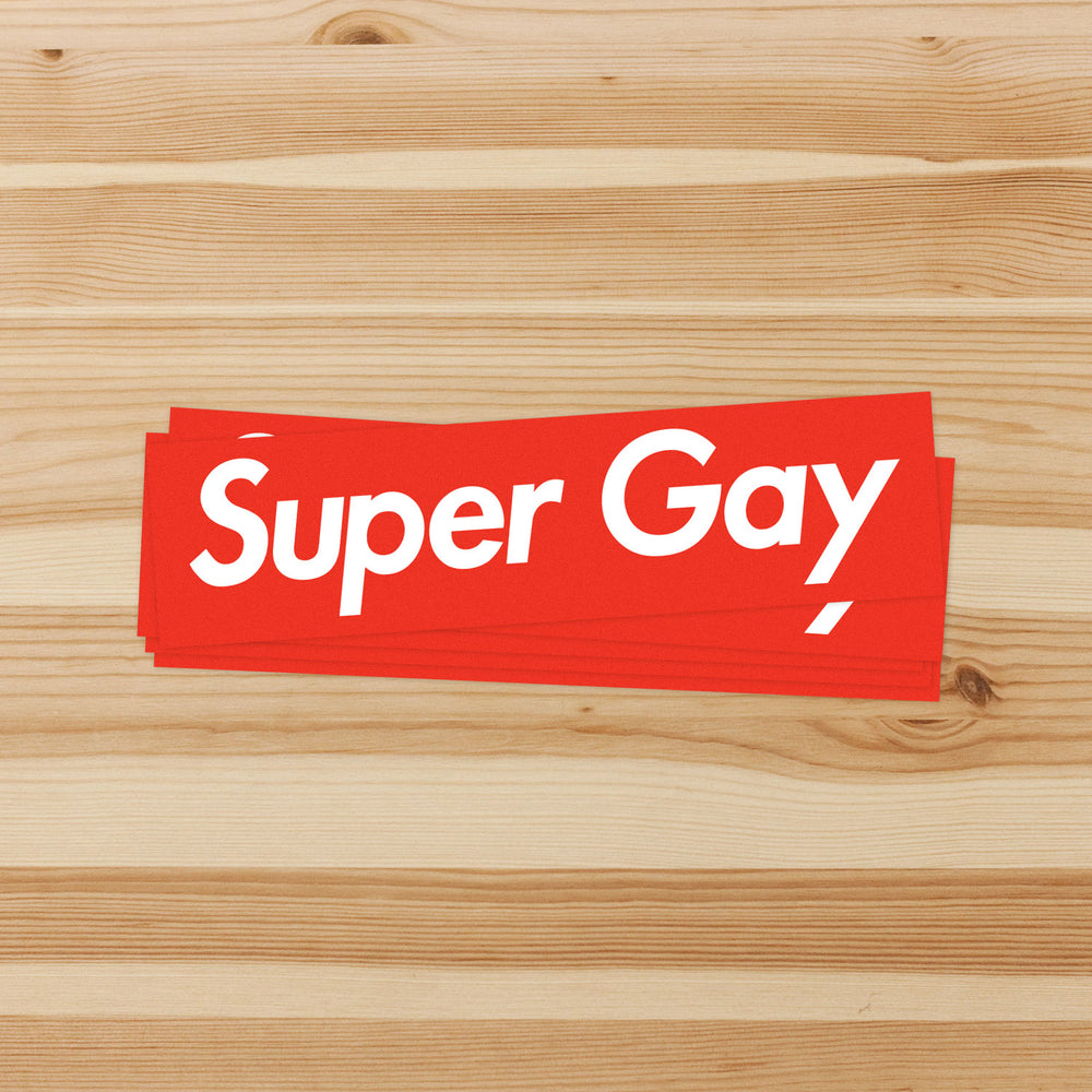 Stack of Super Gay Stickers in Red by Bianca Designs
