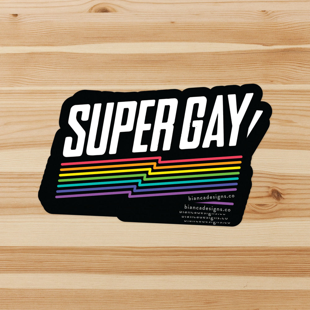 Stack of Super Gay Retro Rainbow Stickers by Bianca Designs